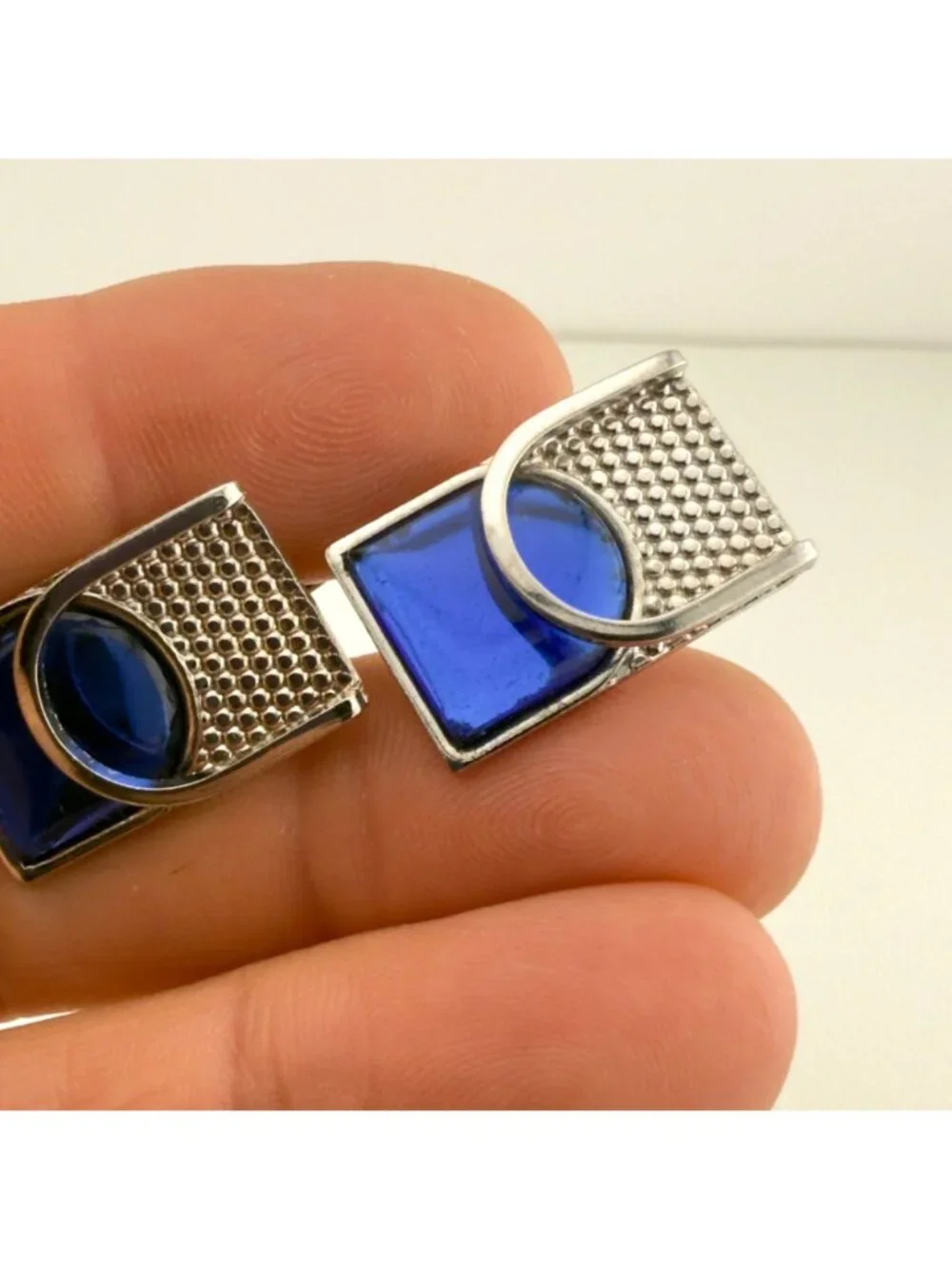 Vintage Rectangular Silver Tone Cufflinks With Blue Glass Accent